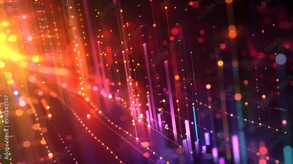 An abstract colorful data visualization featuring light trails and dots, representing data flow, analytics, and modern digital technology.