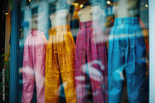 Boutique window featuring highwaisted pants trend attracting customers photo