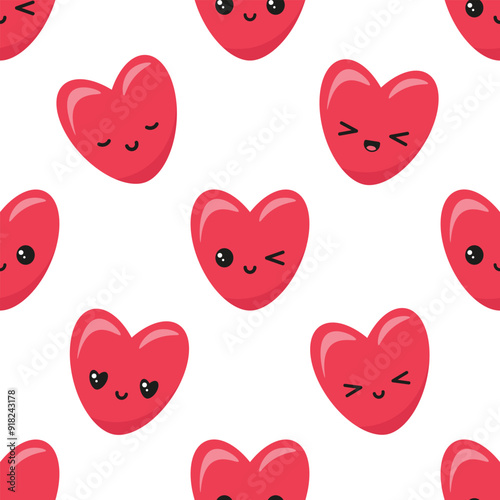 Vector seamless pattern with cute hearts with kawaii emotions on white background.