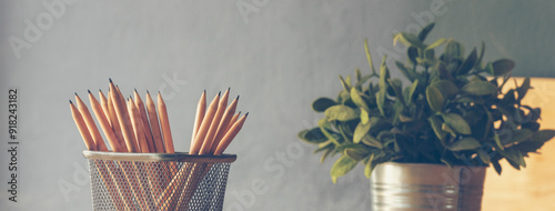 Foto Banner Plant pot sharp pencil vase office supply decor on wood table