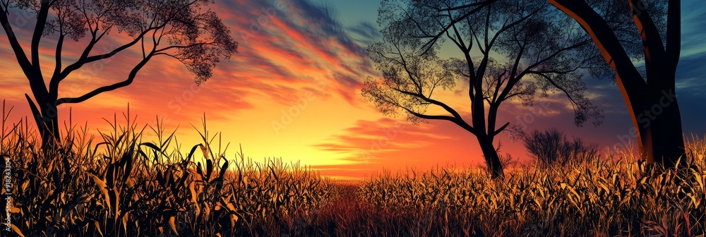 Golden Sunset Over Cornfield - A picturesque sunset bathes a cornfield in warm, golden light. Silhouetted trees stand tall against the vibrant sky, symbolizing nature's beauty, the passing of time, an Golden Sunset Over Cornfield - A picturesque sunset bathes a cornfield in warm, golden light. Silhouetted trees stand tall against the vibrant sky, symbolizing nature's beauty, the passing of time, an