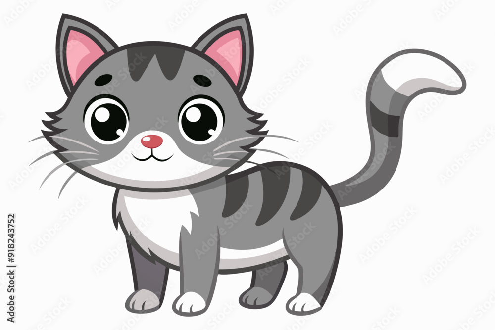 Obraz premium Cute Cartoon Gray and White Striped Cat with Big Eyes