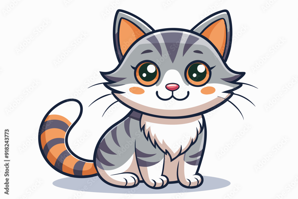 Fototapeta premium Cute Cartoon Grey and Orange Striped Cat Sitting