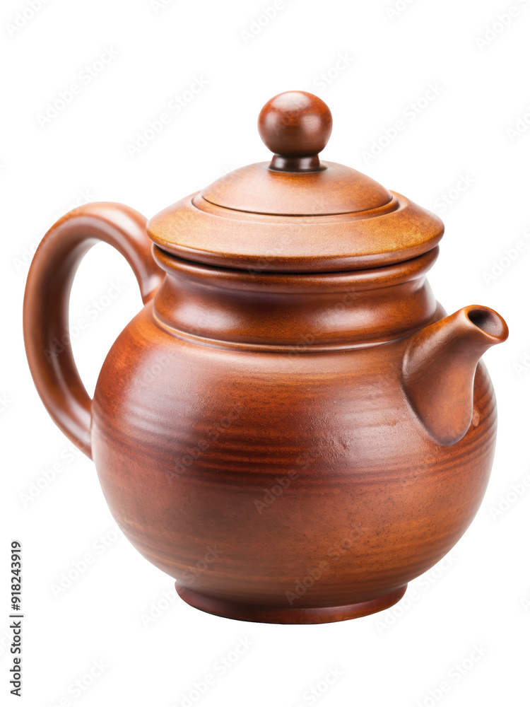 Brown ceramic teapot with a rounded design and smooth surface. This teapot features a traditional look with a simple, elegant handle and spout. Isolated on transparent background, png. Brown ceramic teapot with a rounded design and smooth surface. This teapot features a traditional look with a simple, elegant handle and spout. Isolated on transparent background, png.