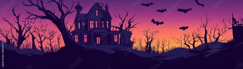 Fototapeta premium Haunted Mansion Silhouette Against a Twilight Sky - A spooky silhouette of a haunted mansion with glowing windows, set against a backdrop of bare trees and a twilight sky. The image evokes a sense of 