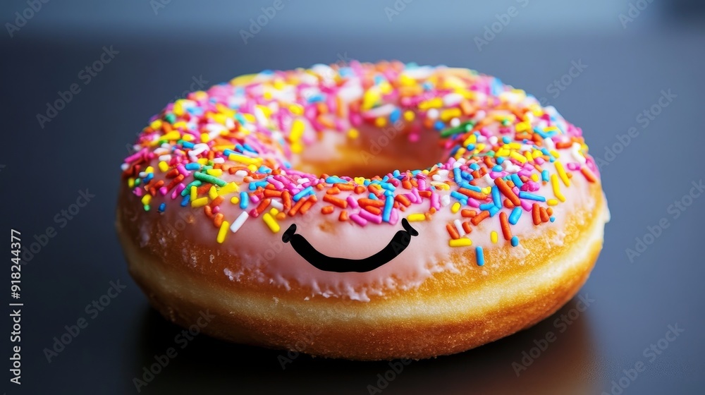 Happy Sprinkle Donut - A glazed donut with colorful sprinkles, a drawn smiley face, and a hole in the center. The donut represents happiness, sweetness, and the simple joys in life. Happy Sprinkle Donut - A glazed donut with colorful sprinkles, a drawn smiley face, and a hole in the center. The donut represents happiness, sweetness, and the simple joys in life.