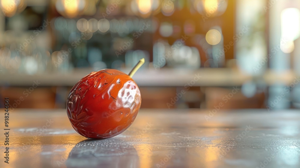 Apple with stem on a table, possibly at a bar. Apple with stem on a table, possibly at a bar.