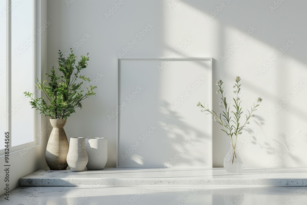A minimalist interior with vases and a blank frame, emphasizing natural elements. A minimalist interior with vases and a blank frame, emphasizing natural elements.