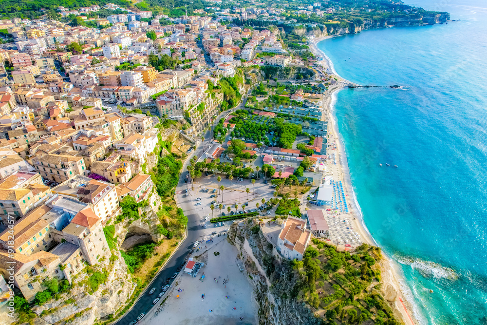 Fototapeta premium Tropea, Calabria, Italy. Church of Santa Maria dell'Isola. Monastery and coastline with azure crystal-clear water