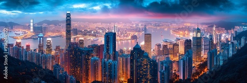 Hong Kong Skyline at Dusk: Breathtaking Cityscape with Dramatic Clouds - A stunning panoramic view of Hong Kong's skyline at dusk, featuring skyscrapers, a harbor, and dramatic clouds. The city lights