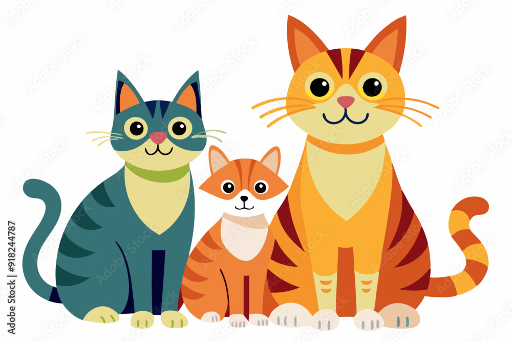Fototapeta premium Three Cartoon Cats Sitting Together