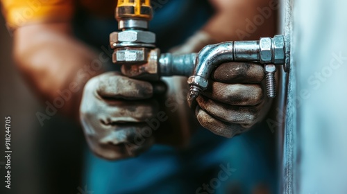 A pair of hands is seen using a wrench to fix plumbing pipes, demonstrating an industrial repair job. The image perfectly captures the essence of handiwork and craftsmanship.