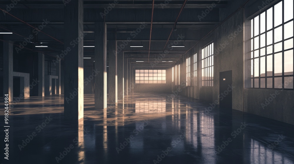 Industrial Building Interior with Sunlight Streaming Through Windows - A wide shot of an industrial building interior with concrete floors and columns. Sunlight streams through large windows creating Industrial Building Interior with Sunlight Streaming Through Windows - A wide shot of an industrial building interior with concrete floors and columns. Sunlight streams through large windows creating