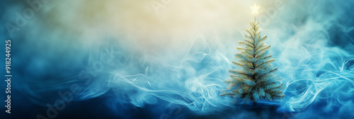 A small Christmas tree with a golden star on top, on an abstract blue background with smoke, soft light and a large space for text on one side