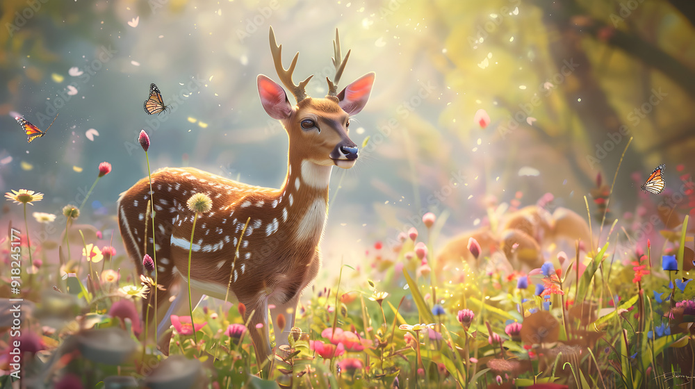 Innocent Deer enjoying the fearless and peaceful life in the flowers garden and butterflies Innocent Deer enjoying the fearless and peaceful life in the flowers garden and butterflies