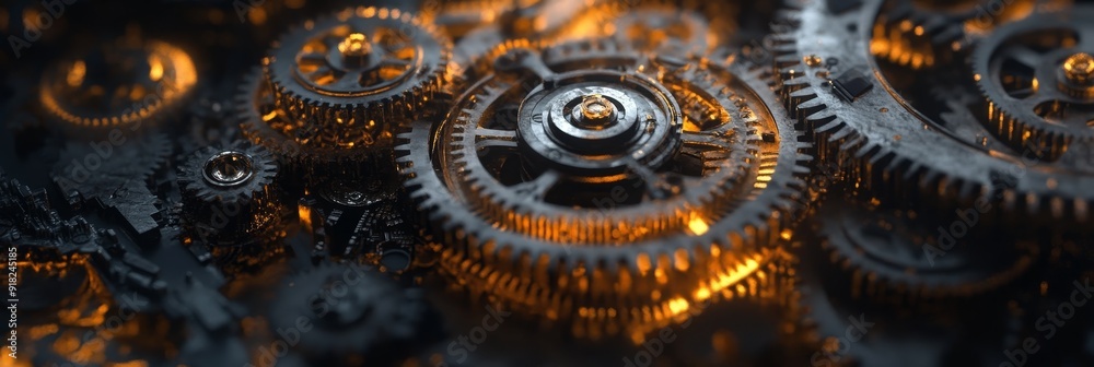 Interlocking Gears: Precision and Power in Motion - A close-up of intricate metal gears meshing together, symbolizing precision, efficiency, teamwork, complex processes, and industrial strength.