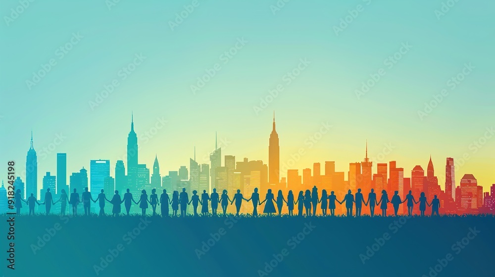 Fototapeta premium Colorful Urban Skyline with Silhouetted Crowd