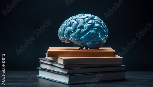luminous brain atop modern books dark background creating sharp contrast hyperrealistic details highlighting profound wisdom and intellectual prowess