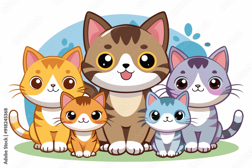 Naklejka premium A Group of Adorable Cartoon Cats Sitting Together