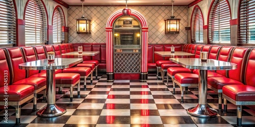 Vintage diner with red leather booths, checkered floor, and retro jukebox, retro, nostalgic, 1950s, American
