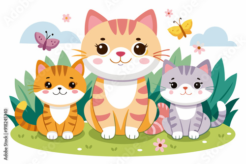 Three Cute Cartoon Cats Sitting in a Grassy Meadow