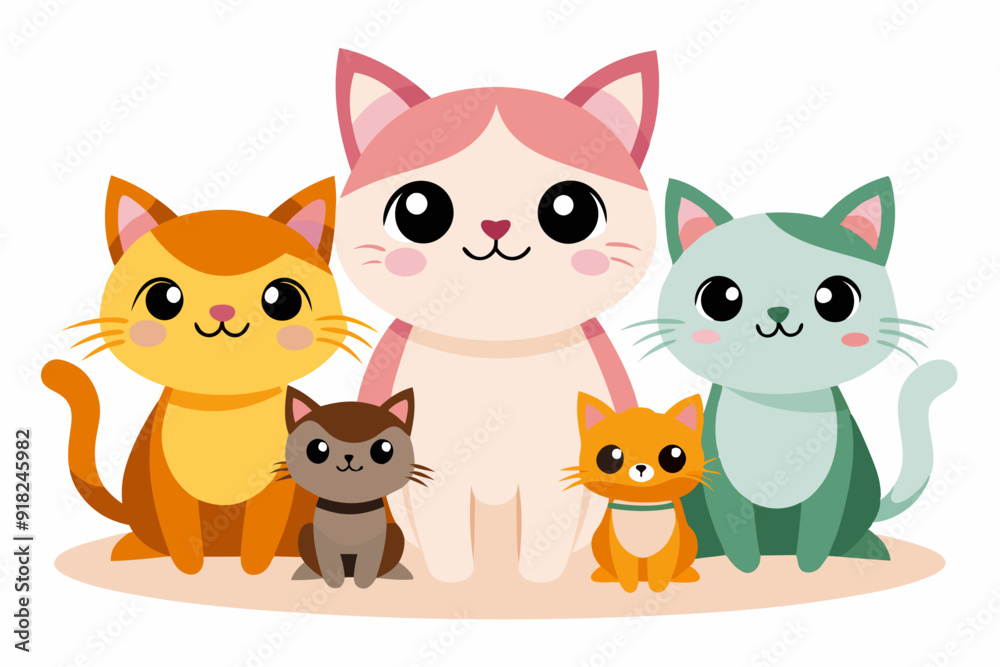 Five Adorable Cartoon Cats Sitting Together Five Adorable Cartoon Cats Sitting Together