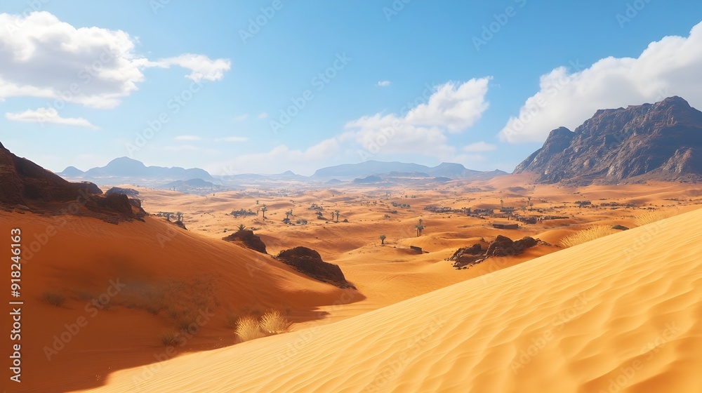 Vast Arid Landscape of Desert Dunes with Majestic Mountains in the Distance Vast Arid Landscape of Desert Dunes with Majestic Mountains in the Distance