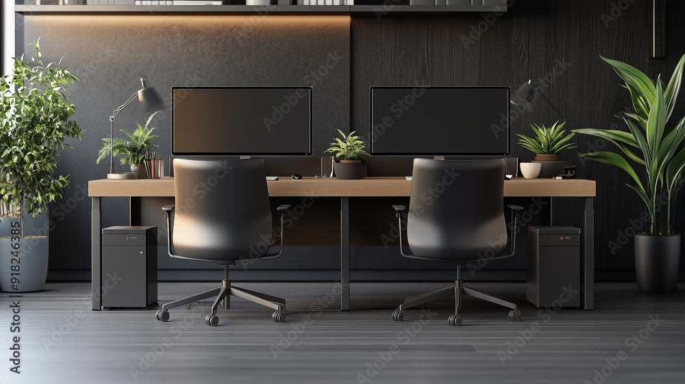 Fototapeta premium office workspace, with ergonomic chairs, dual monitors, and a clean, organized desk, reflecting a contemporary and efficient work environment