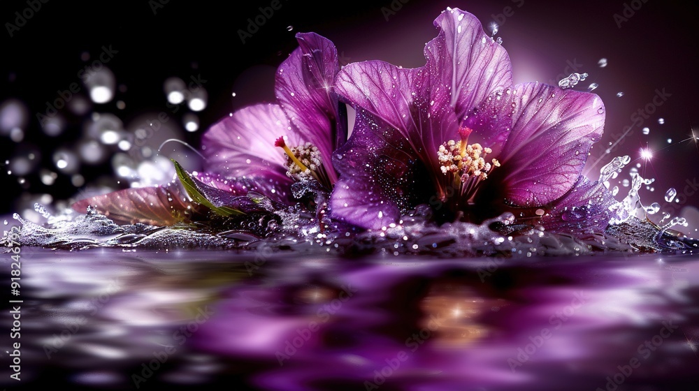 A close-up photo of a purple flower with water droplets splashing from its petals against a dark backdrop A close-up photo of a purple flower with water droplets splashing from its petals against a dark backdrop