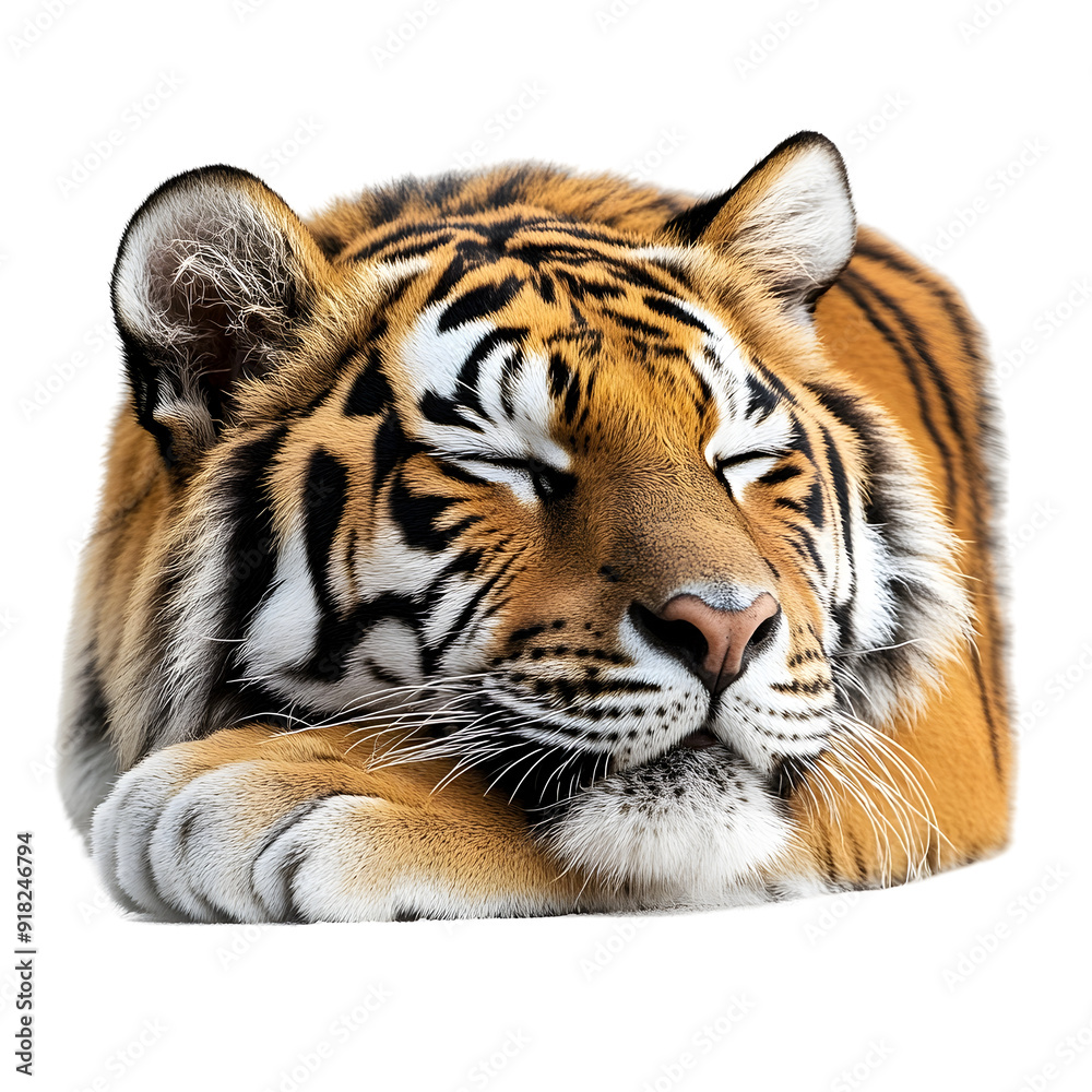 Fototapeta premium Powerful Tiger Resting Calmly on white transparent background png