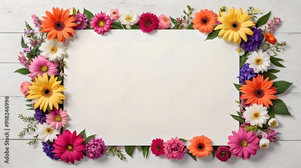 Fototapeta premium Flowers around the frame, white background, lots of space for text, empty space. Banner, layout