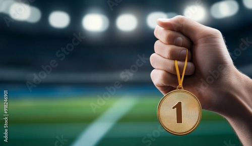 Hand Holding Gold Medal with Number One on Stadium Background photo