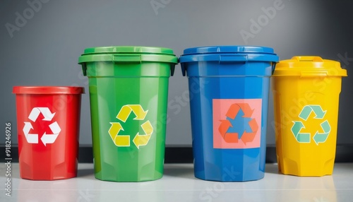 four distinct recycling bins in red blue green and yellow side by side with recycling symbols telephoto lens captures the sharp details and realistic lighting enhances the photo