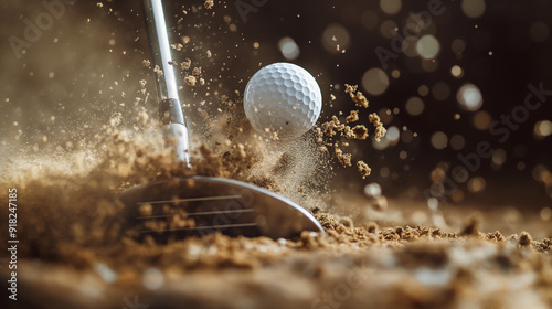 Sand Trap Explosion: Golf ball escaping a sand trap in a dynamic burst of motion and texture, capturing the power and precision of the sport.  photo