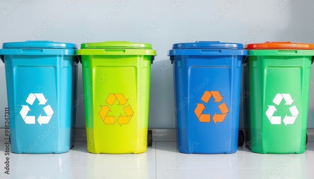 vibrant recycling bins in four distinct colors arranged in a row each with recycling symbols set against a clean backdrop telephoto lens captures sharp details and realistic vibrant recycling bins in four distinct colors arranged in a row each with recycling symbols set against a clean backdrop telephoto lens captures sharp details and realistic