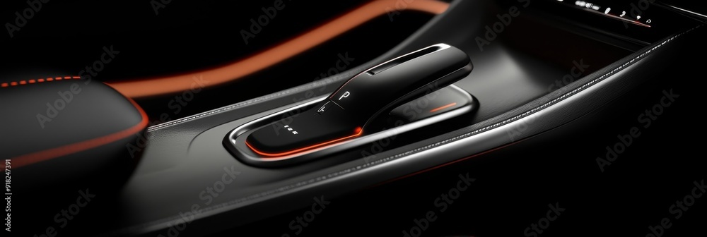 Modern Car Interior Design with Shifter Detail - A close-up shot of a modern car's interior, showcasing the sleek, black leather shifter and gear selector. The red stitching adds a touch of luxury, an Modern Car Interior Design with Shifter Detail - A close-up shot of a modern car's interior, showcasing the sleek, black leather shifter and gear selector. The red stitching adds a touch of luxury, an