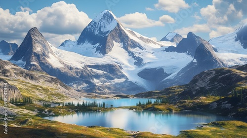 Breathtaking Alpine Landscape with Snowy Peaks Reflecting in Pristine Glacial Lake