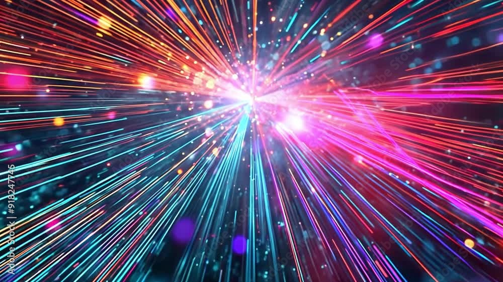 Vibrant streaks of light and particles create an energetic effect, showcasing dynamic movement and brightness in a digital visual