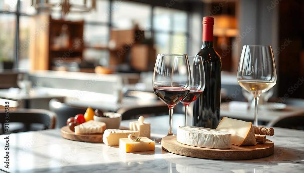 A sophisticated wine and cheese arrangement is elegantly displayed on a rustic wooden table in a chic restaurant. Warm lighting highlights the rich hues of the wine and textures of artisanal cheeses A sophisticated wine and cheese arrangement is elegantly displayed on a rustic wooden table in a chic restaurant. Warm lighting highlights the rich hues of the wine and textures of artisanal cheeses