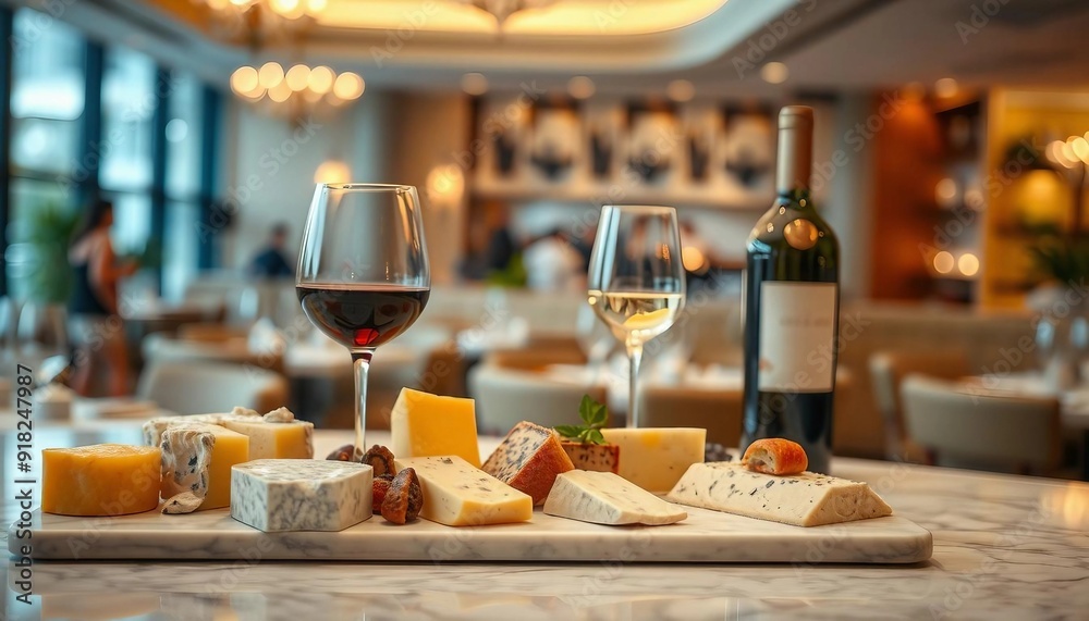 A sophisticated wine and cheese arrangement is elegantly displayed on a rustic wooden table in a chic restaurant. Warm lighting highlights the rich hues of the wine and textures of artisanal cheeses A sophisticated wine and cheese arrangement is elegantly displayed on a rustic wooden table in a chic restaurant. Warm lighting highlights the rich hues of the wine and textures of artisanal cheeses