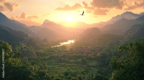 A bird flies over a lush green valley, with a small village nestled in the middle, under a beautiful orange sunset.