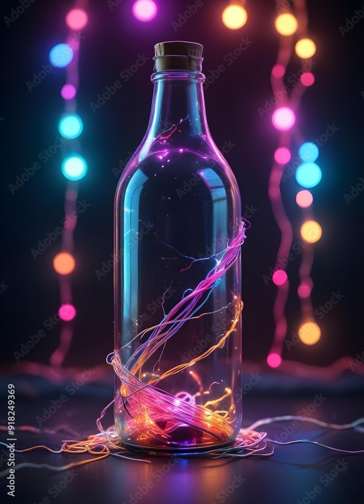 Colorful glass bottle filled with string lights, creating a vibrant and whimsical visual effect against a dark background Colorful glass bottle filled with string lights, creating a vibrant and whimsical visual effect against a dark background