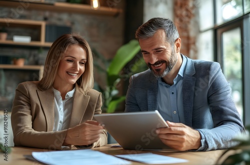 business man and woman team using tablet working together in office