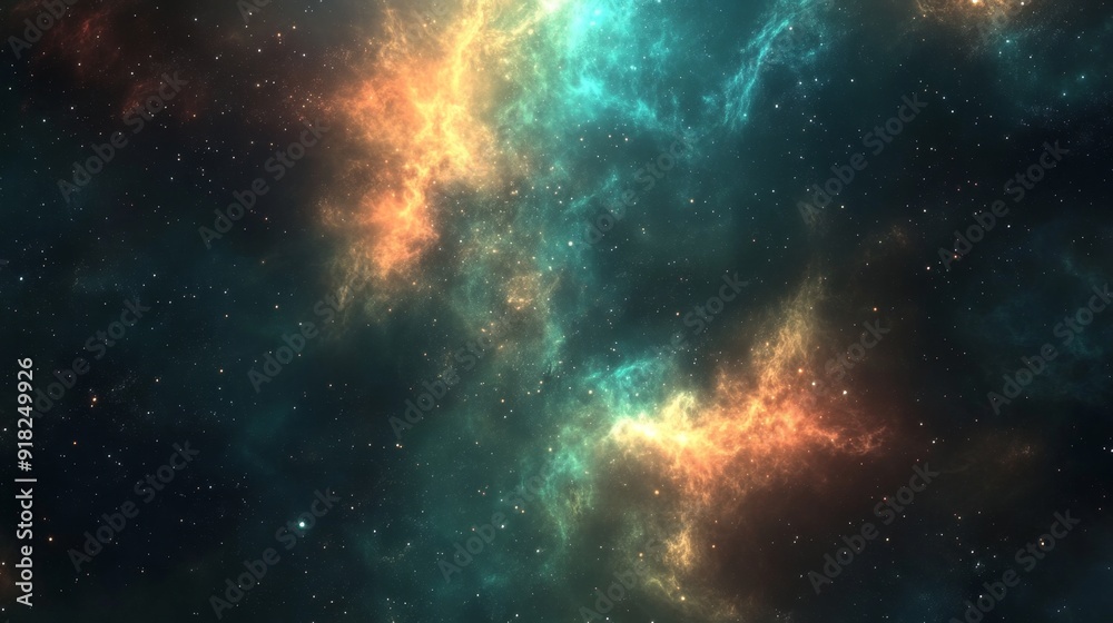 Naklejka premium A mesmerizing cosmic landscape featuring vibrant nebulae in hues of teal and orange, scattered with twinkling stars against a dark backdrop.
