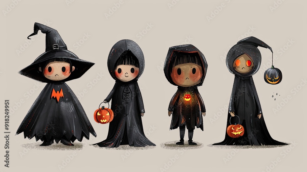 Charming hand-drawn trick-or-treaters with candy bags and whimsical costumes Charming hand-drawn trick-or-treaters with candy bags and whimsical costumes