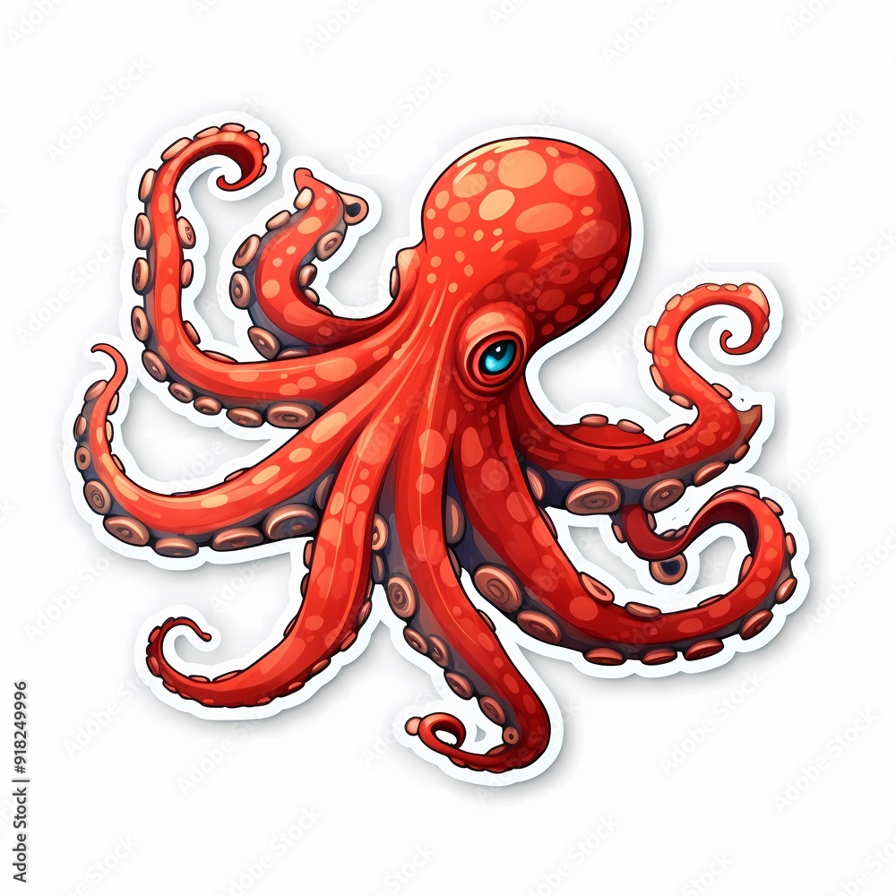A vibrant red octopus with detailed tentacles set against a blue aquatic background. A vibrant red octopus with detailed tentacles set against a blue aquatic background.