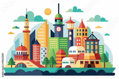 A Colorful Illustration of a City Skyline with Buildings, Trees, and Clouds