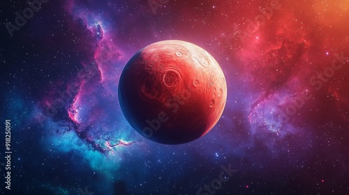 A red planet with craters in a galaxy of blue and red nebula.