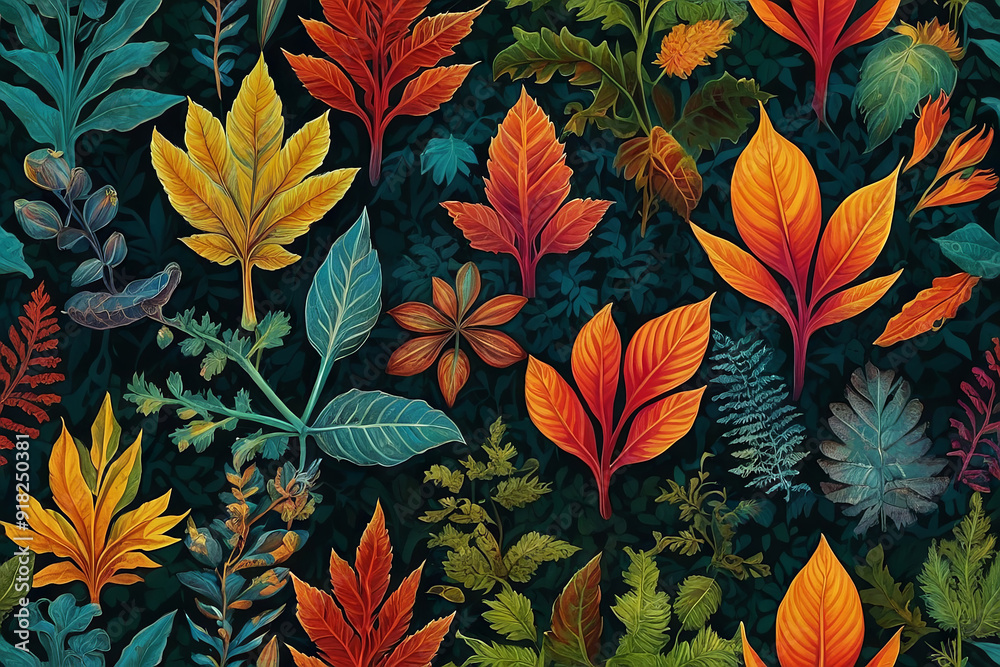 leaves and plants from the magical forest drawn in a book pattern