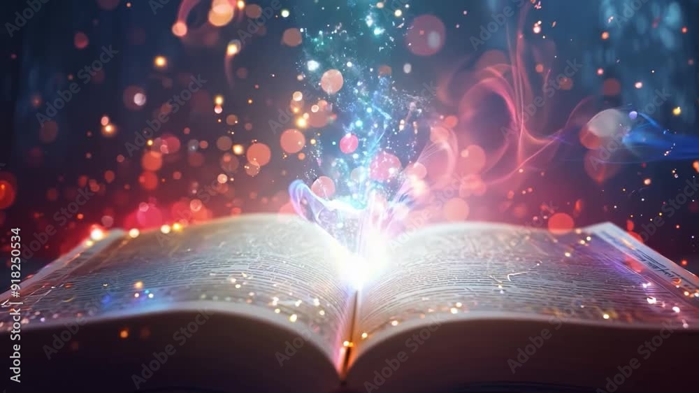An open book emits colorful sparks and light, creating a magical atmosphere filled with wonder and creativity